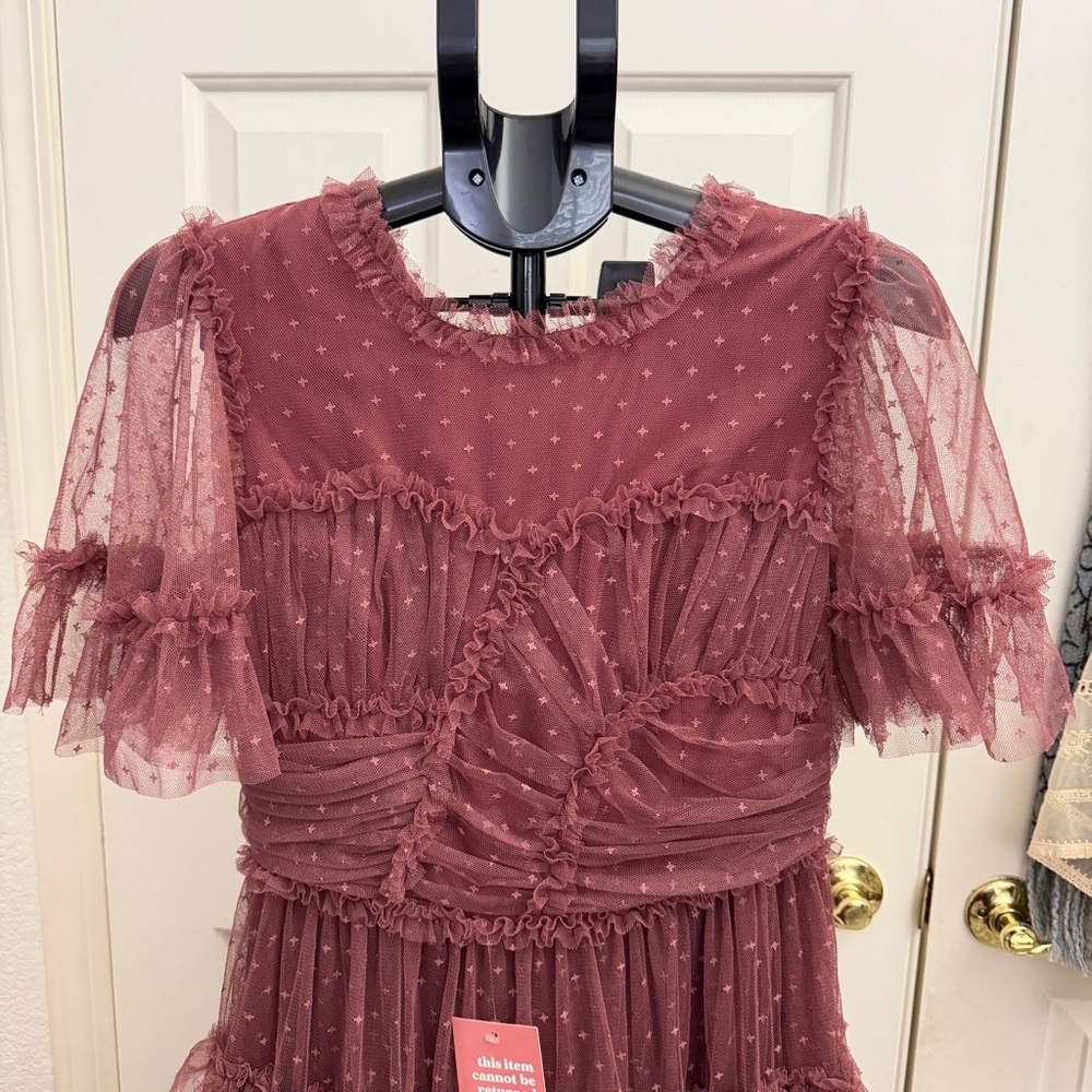 Ivy city co Elegant Mauve Tiered Midi Dress with Sheer Sleeves - Picture 2 of 13